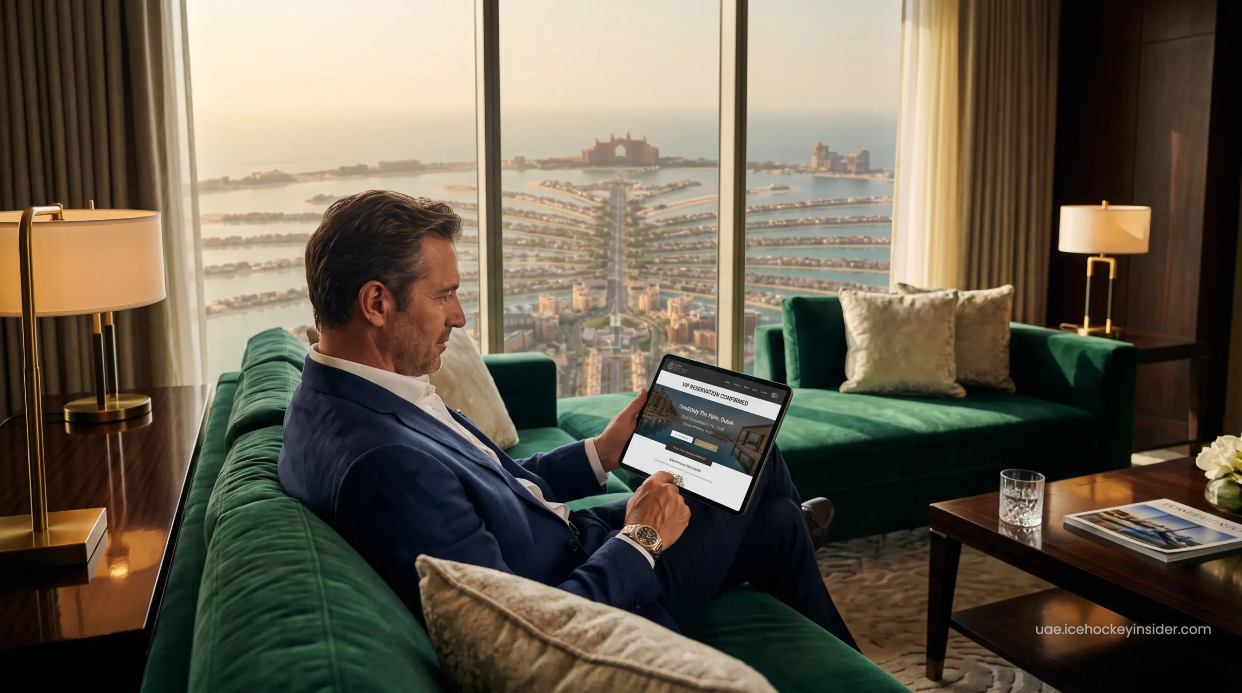 Elite traveler confirming VIP hotel reservations Dubai on a digital tablet